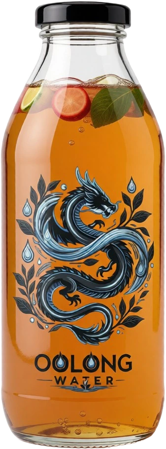 A glass bottle of Oolong Water kombucha with the dragon label