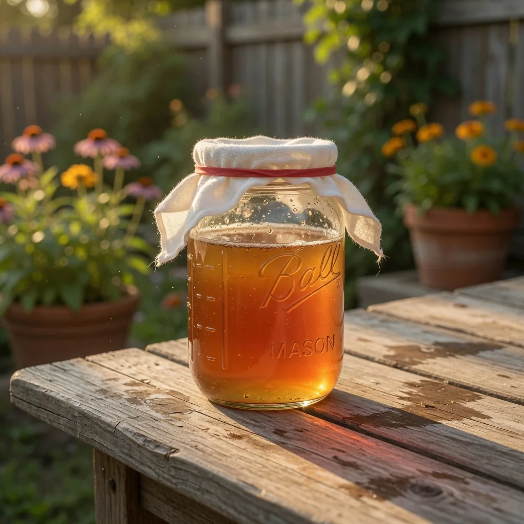 A jar of kombucha fermenting on a wooden table in the sun