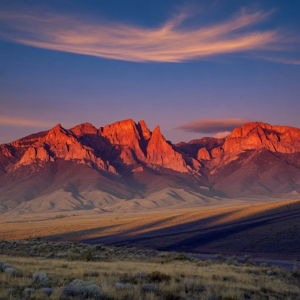 The Sandia Mountains at sunset, glowing red above the New Mexico high desert